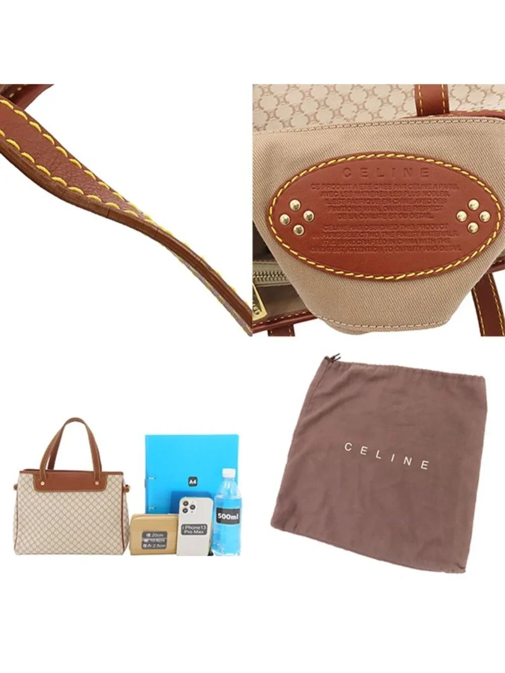 Celine Tote Beige Canvas Leather Macadam Pattern Handbag